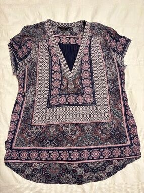 Lucky Brand Navy and Pink Paisley V-Neck Tunic Top